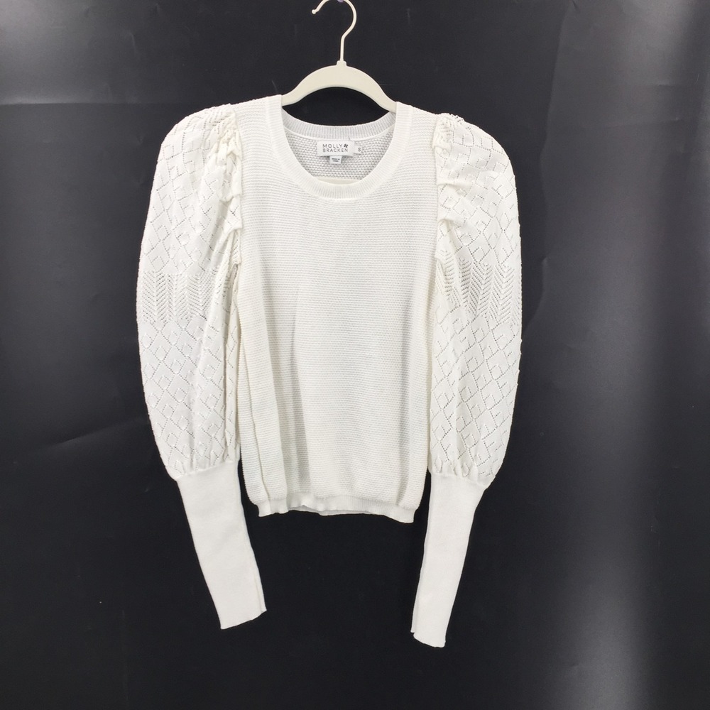 Molly Bracken White puff Sleeved Lace sweater top pointelle knit coquette soft S
